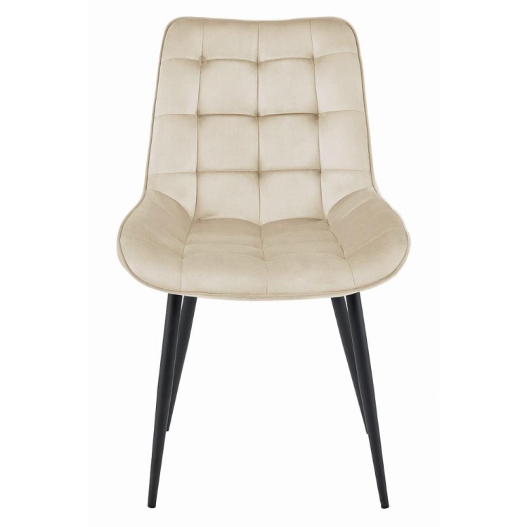 Beżowe krzesło do jadalni BERA z pikowanym siedziskiem i oparciem  na czarnych metalowych nogach (2).jpg