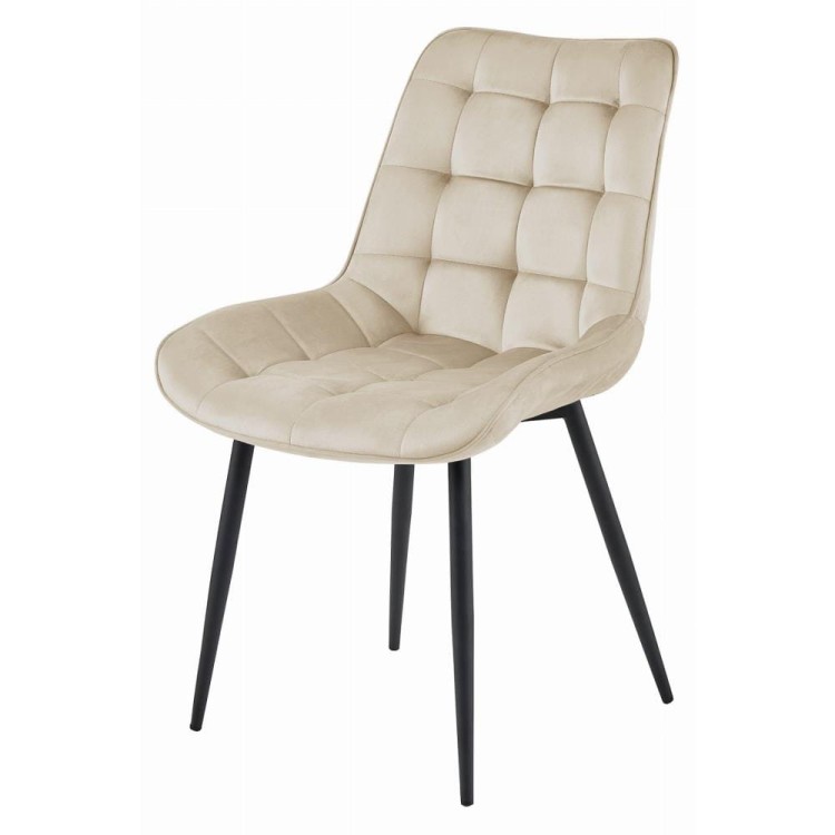 Beżowe krzesło do jadalni BERA z pikowanym siedziskiem i oparciem  na czarnych metalowych nogach (5).jpg