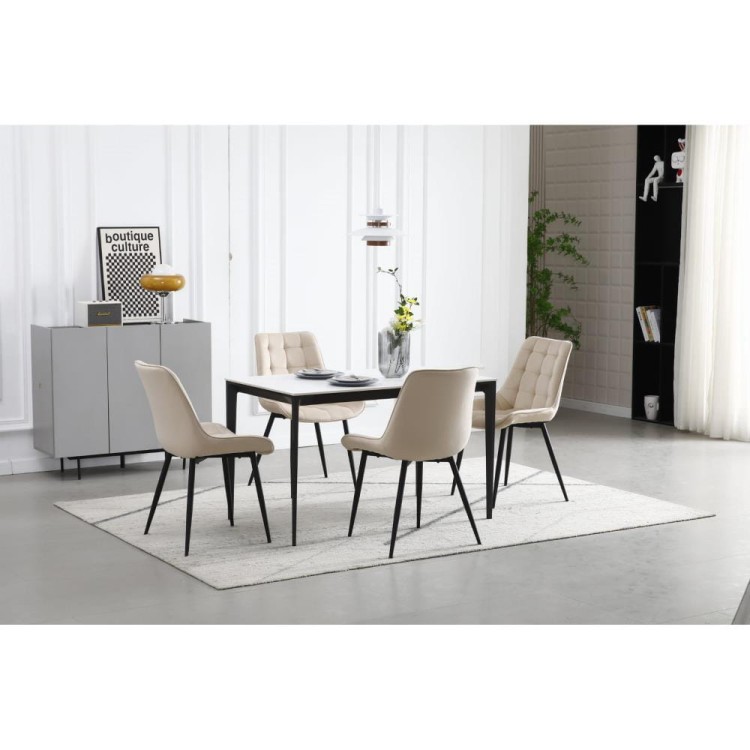 Beżowe krzesło do jadalni BERA z pikowanym siedziskiem i oparciem  na czarnych metalowych nogach (8).jpg