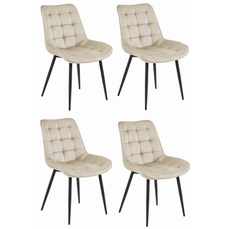 Modern dining chair with a quilted design, light beige velvet fabric, and black legs, isolated on a white background..jpg