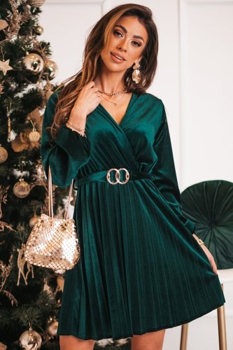 Krótka welurowa sukienka z plisowaniem morska