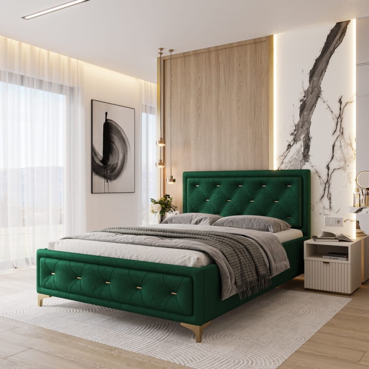 Łóżko tapicerowane Glamour Luxe 160/200 z pojemnikiem Butelkowa Zieleń