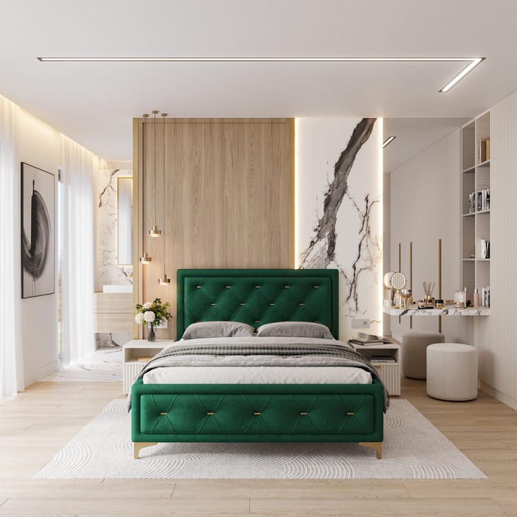 Łóżko tapicerowane Glamour Luxe 160/200 z pojemnikiem Butelkowa Zieleń