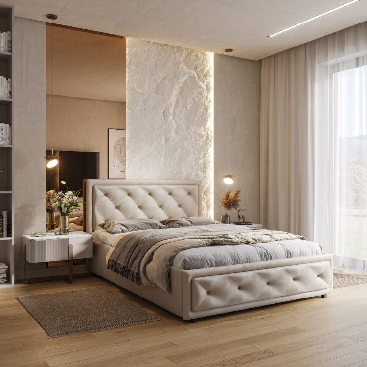 Łóżko tapicerowane Velvet Dream 140/200 z pojemnikiem Beż