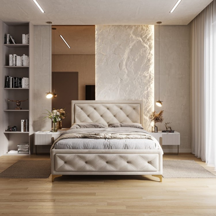 Łóżko tapicerowane Velvet Dream Premium z nóżkami 140/200 z pojemnikiem Beż