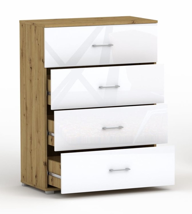 Komoda POLA 4s Dab Artisan/połysk- 4 szerokości. pojemna komoda z pełnym wysuwem