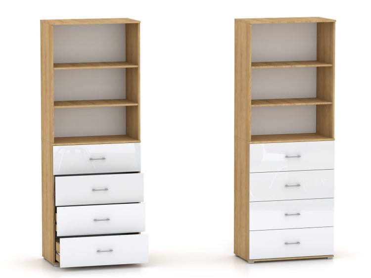 Regał Szafa POLA 215 4S3P - 4 szer. Biały mat połyk. Hikora Naturalna