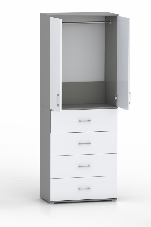 Szafa na ubrania z drążkiem Pola 215 - 4 szuflady 60 / 70 / 80 cm szara z białymi frontami