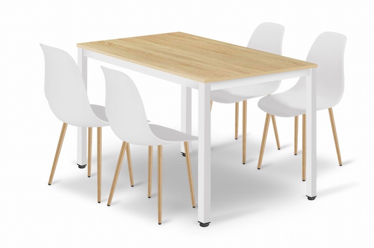 Zestaw Stół TESSA 120cm x 60cm - dąb / białe nogi + 4 krzesła Livio białe / nogi naturalne