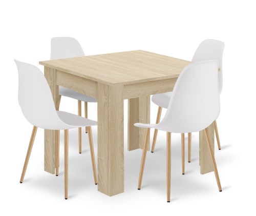 Zestaw Stół NP 80x80 Dąb Sonoma + 4 krzesła Livio białe / nogi naturalne