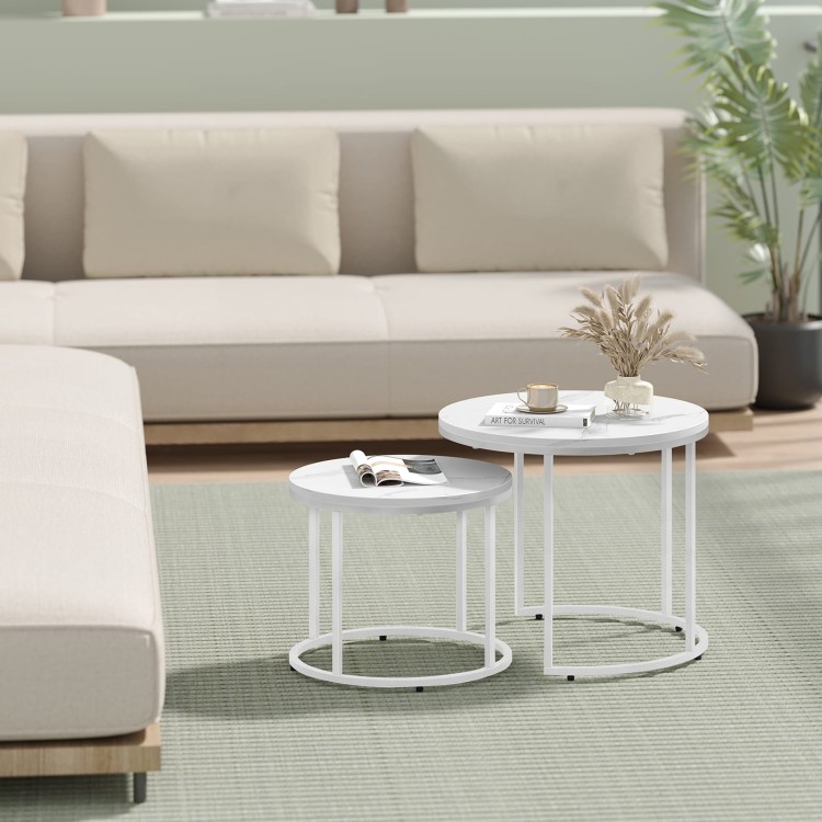 Stolik kawowy okrągły 2szt - marmur / nogi białe