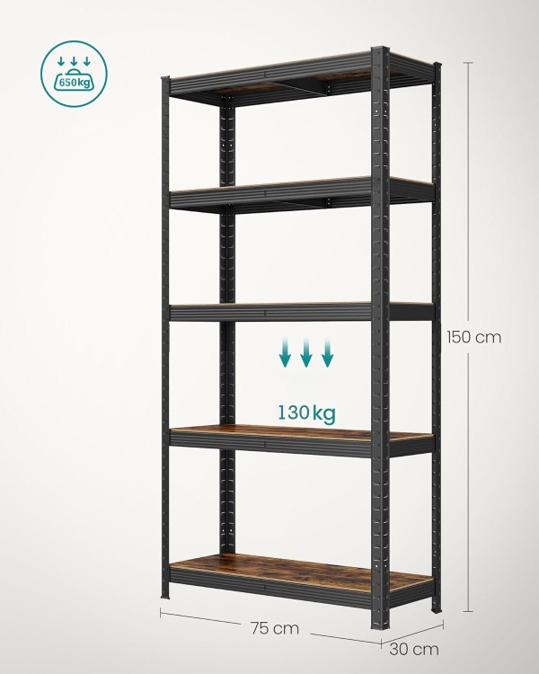 Regał Industrialny 5 Półek Rustykalny Brąz – Duży Regał na Książki Loft do Salonu/Biura