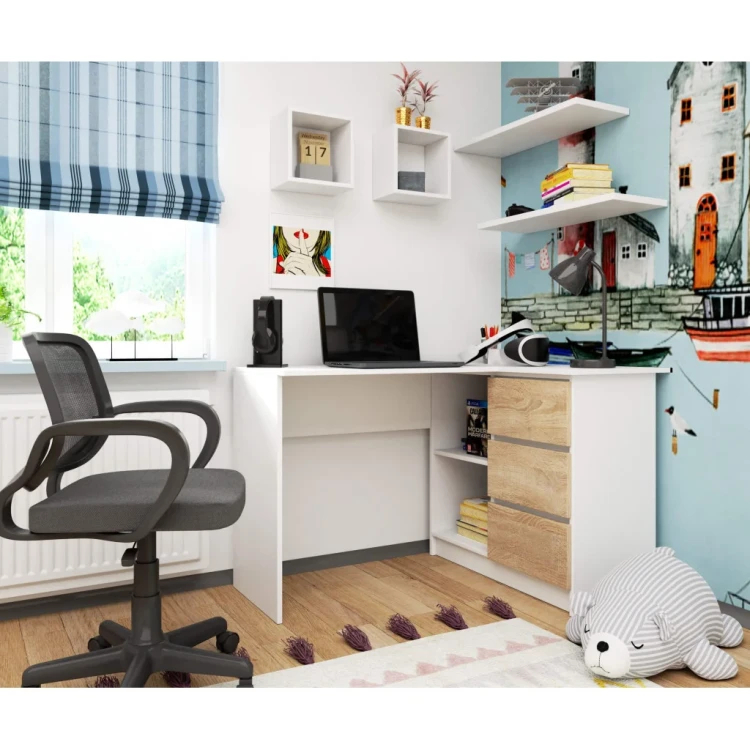 Nowoczesne Biurko Narożne 124cm Sonoma / Białe – Prawe z Szufladami Vantix Office