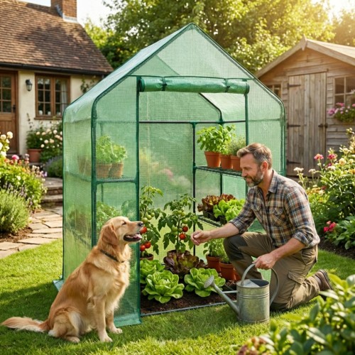 Mini szklarnia ogrodowa foliowa Flora House z półkami zielona 143x73x195 cm