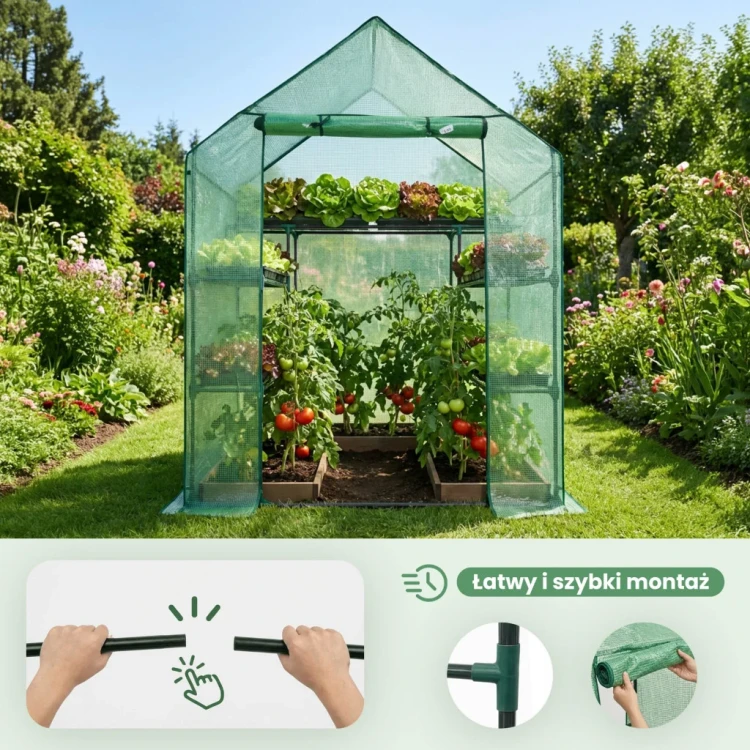 Mini szklarnia ogrodowa foliowa Flora House z półkami zielona 143x73x195 cm