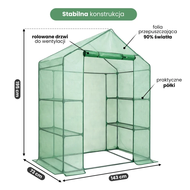 Mini szklarnia ogrodowa foliowa Flora House z półkami zielona 143x73x195 cm