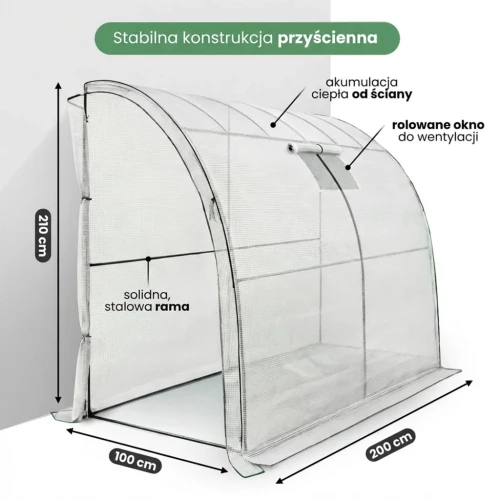 Przyścienna szklarnia foliowa 100x200x210 cm | Biała folia UV