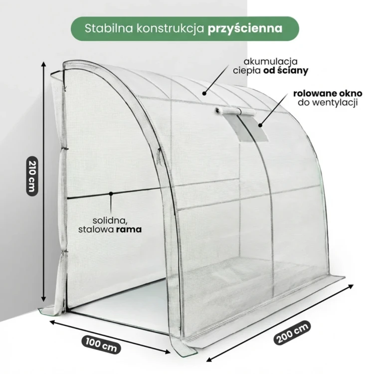 Przyścienna szklarnia foliowa 100x200x210 cm | Biała folia UV